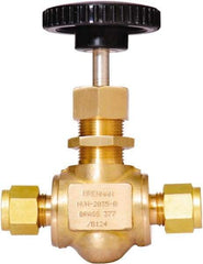 Brennan - 3/8" Pipe, Straight Needle Valve - PTFE Seal, Tube Ends, Brass Valve, 3,000 Max psi - Exact Industrial Supply