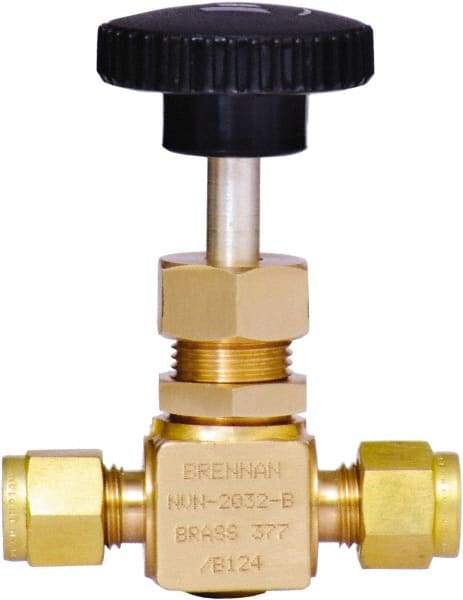 Brennan - 1/4" Pipe, Straight Needle Valve - PTFE Seal, Tube Ends, Brass Valve, 3,000 Max psi - Exact Industrial Supply