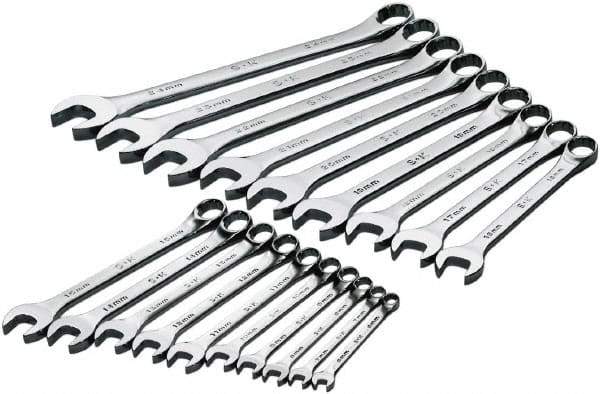 SK - 19 Piece, 6mm to 24mm, 12 Point Combination Wrench Set - Metric Measurement Standard, Chrome Finish, Comes in Rack - Exact Industrial Supply
