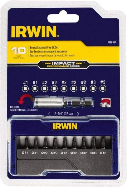 Irwin - 10 Piece, Screwdriver Insert Bit Set - #1 to #3 Square Recess - Exact Industrial Supply
