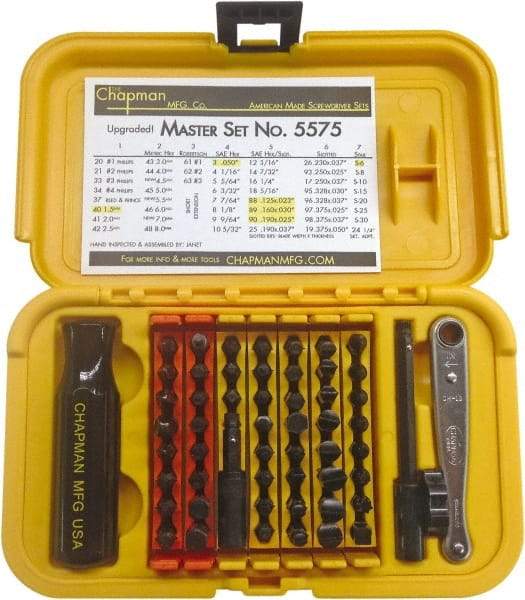 Chapman - 56 Piece, Screwdriver 1/4" Bit Ratchet Bit Set - #1 to #4 Phillips, 0.05 to 5/16" Hex, T6 to T30 Torx - Exact Industrial Supply