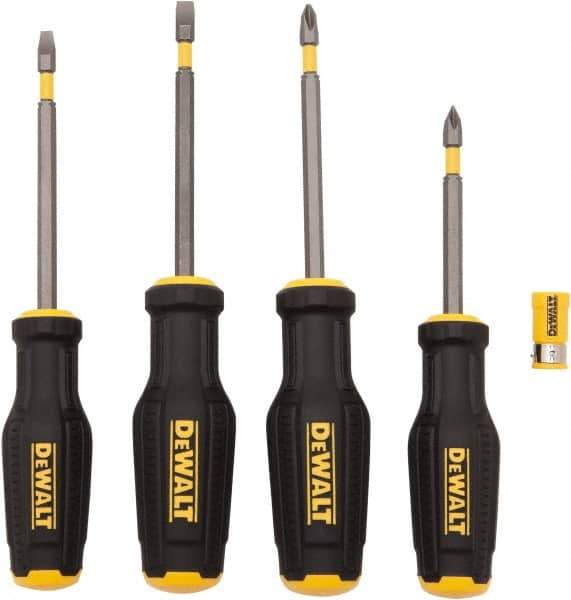 DeWALT - 4 Piece Phillips & Slotted Screwdriver Set - Ergonomic Handle, Blade Sizes: Length 3 to 4, Width 3/16 & 1/4, Bit Sizes: Philips #1 to #2 - Exact Industrial Supply
