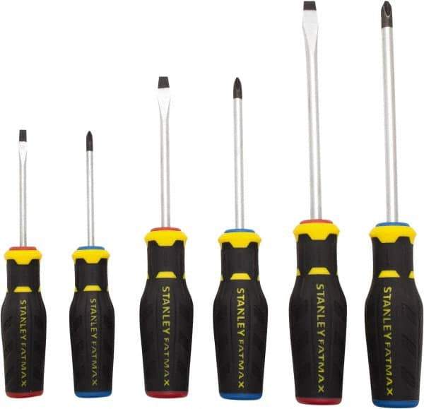 Stanley - 6 Piece Slotted & Phillips Screwdriver Set - Ergonomic & Bi-material Handle, Blade Sizes: Length 3 to 6, Width 3/16, 1/4 & 5/16, Bit Sizes: Philips #1 to #3 - Exact Industrial Supply
