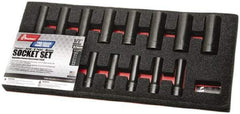 Ability One - 15 Piece 1/2" Drive Deep Well Impact Socket Set - 6 Points, 10mm to 24mm Range, Metric Measurement Standard - Exact Industrial Supply