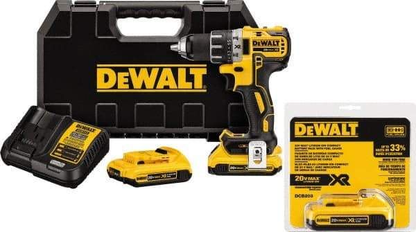 DeWALT - 20 Volt 1/2" Chuck Mid-Handle Cordless Drill - 0-500 & 0-2000 RPM, Keyless Chuck, Reversible, 3 Lithium-Ion Batteries Included - Exact Industrial Supply