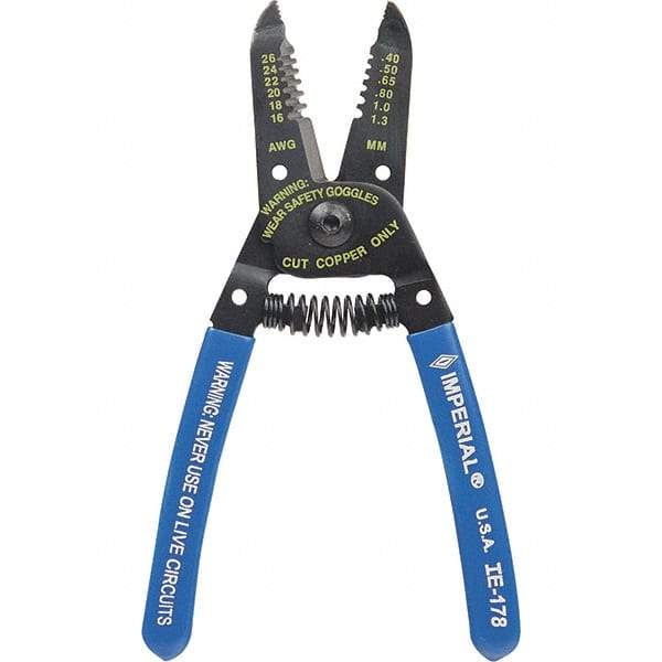 Imperial - 16 to 26 AWG Capacity Wire Stripper/Cutter - 6" OAL, Hardened Steel with Cushion Grip Handle - Exact Industrial Supply