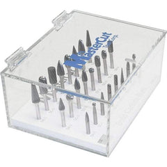 Made in USA - 24 Piece, 1/4" Shank Burr Set - Multiple Head Shapes, Solid Carbide, 14° Included Angle - Exact Industrial Supply