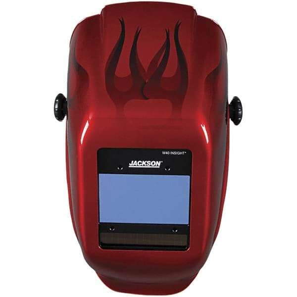 Jackson Safety - 2.36" Window Width x 3.93" Window Height, 9 to 13 Shade Auto-Darkening Lens, Fixed Front Welding Helmet - Red Flames Design, Thermoplastic Green Lens - Exact Industrial Supply