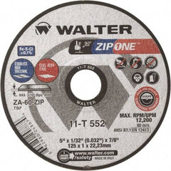 WALTER Surface Technologies - 5" Zirconia Alumina Cutoff Wheel - 1/32" Thick, 7/8" Arbor, 12,200 Max RPM, Use with Angle Grinders - Exact Industrial Supply