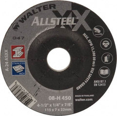 WALTER Surface Technologies - 24 Grit, 4-1/2" Wheel Diam, 1/4" Wheel Thickness, 7/8" Arbor Hole, Type 27 Depressed Center Wheel - Aluminum Oxide, 13,300 Max RPM - Exact Industrial Supply