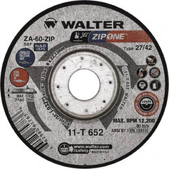 WALTER Surface Technologies - 60 Grit, 5" Wheel Diam, 1/32" Wheel Thickness, 7/8" Arbor Hole, Type 27 Depressed Center Wheel - Zirconia Alumina, Resinoid Bond, 12,200 Max RPM - Exact Industrial Supply
