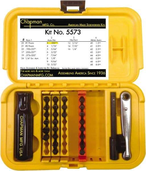 Chapman - 29 Piece, 1/4" Drive Screwdriver Bit Set - #1 & #2 Phillips, 0.05 to 1/4" Hex - Exact Industrial Supply