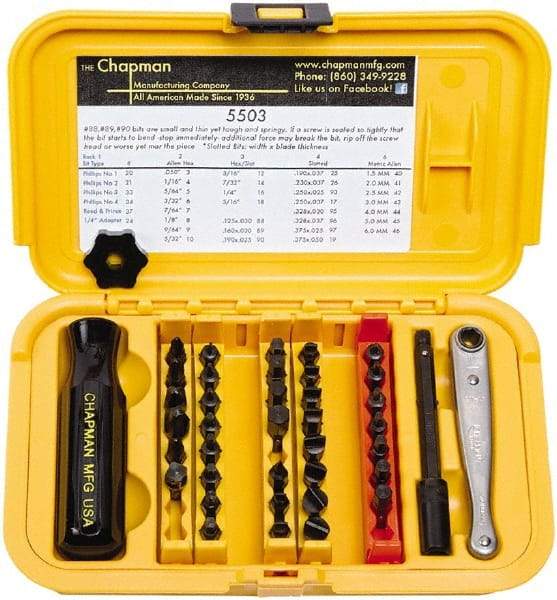 Chapman - 40 Piece, 1/4" Drive Screwdriver Bit Set - #1 to #4 Phillips, 0.05 to 5/16" Hex - Exact Industrial Supply