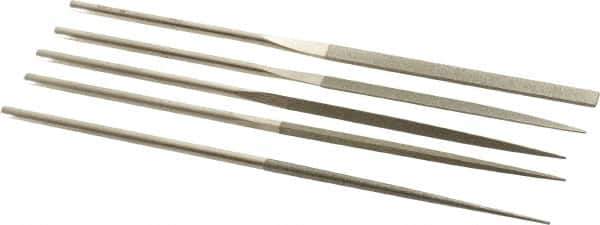 PFERD - 5 Piece Diamond Pattern File Set - 5-1/2" Long, Fine Coarseness, Set Includes Half Round, Hand, Round, Square, Three Square - Exact Industrial Supply