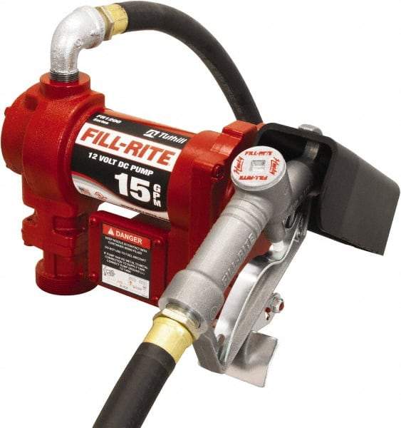 Tuthill - 15 GPM, 3/4" Hose Diam, DC Tank Pump with Manual Nozzle - 1" Inlet, 3/4" Outlet, 12 Volts, 12' Hose Length, 1/4 hp - Exact Industrial Supply
