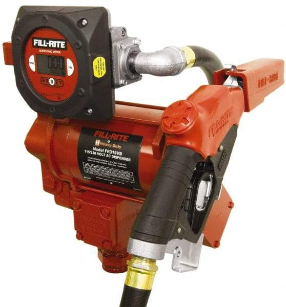 Tuthill - 35 GPM, 1" Hose Diam, AC High Flow Tank Pump with Automatic Nozzle & 900D Meter - 1-1/4" Inlet, 1" Outlet, 115/230 Volts, 18' Hose Length, 3/4 hp - Exact Industrial Supply