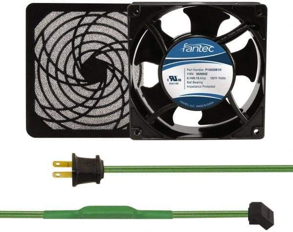 Made in USA - 115 Volts, AC, 103 CFM, Square Tube Axial Fan Kit - 0.26 Amp Rating, 120mm High x 120mm Wide x 38.5mm Deep, Includes Fan, Fan Filter, Thermostatically Controlled Fan Cord - Exact Industrial Supply