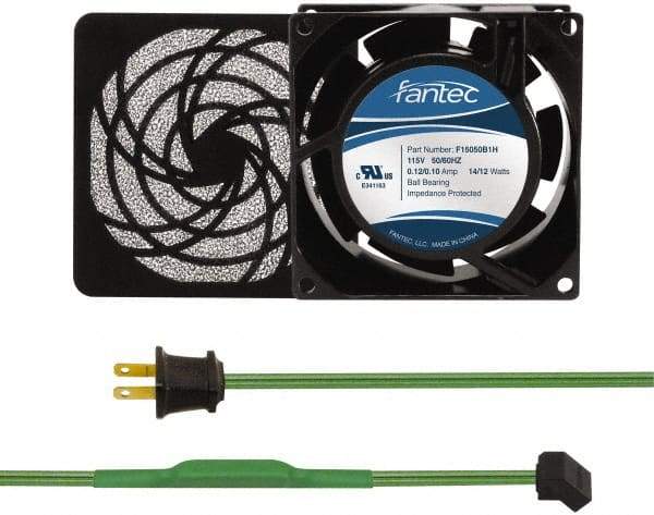 Made in USA - 115 Volts, AC, 31 CFM, Square Tube Axial Fan Kit - 0.18 Amp Rating, 3.15" High x 3" Wide x 38.5mm Deep, Includes Fan, Fan Filter, Thermostatically Controlled Fan Cord - Exact Industrial Supply