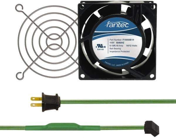 Made in USA - 115 Volts, AC, 31 CFM, Square Tube Axial Fan Kit - 0.18 Amp Rating, 3.15" High x 3" Wide x 38.5mm Deep, Includes Fan, Fan Guard, Thermostatically Controlled Fan Cord - Exact Industrial Supply