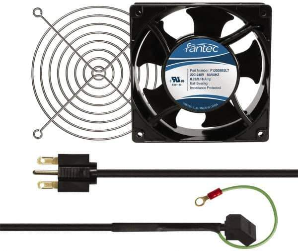 Made in USA - 230 Volts, AC, 80 CFM, Square Tube Axial Fan Kit - 0.07/0.06 Amp Rating, 120mm High x 120mm Wide x 38.5mm Deep, Includes Fan, Fan Filter, Fan Cord - Exact Industrial Supply