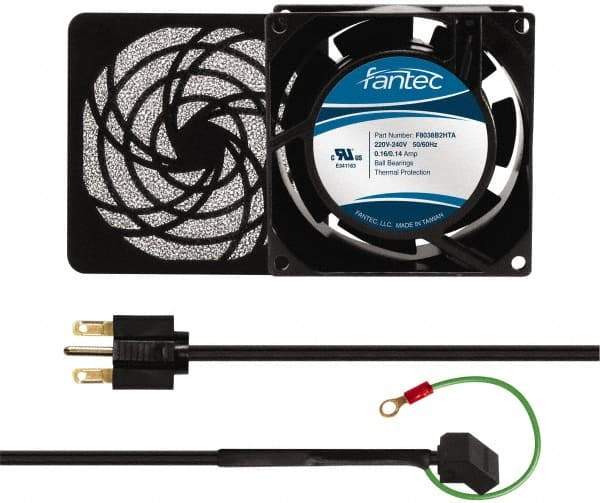 Made in USA - 230 Volts, AC, 32 CFM, Square Tube Axial Fan Kit - 0.06/0.05 Amp Rating, 3.15" High x 3" Wide x 38.5mm Deep, Includes Fan, Fan Guard, Fan Cord - Exact Industrial Supply
