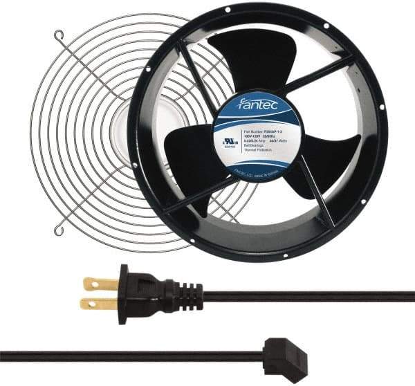 Made in USA - 115 Volts, AC, 600 CFM, Round Tube Axial Fan Kit - 0.22/0.24 Amp Rating, 254mm High x 254mm Wide x 89mm Deep, Includes Fan, Fan Guard, Fan Cord - Exact Industrial Supply