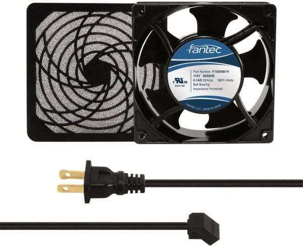 Made in USA - 115 Volts, AC, 80 CFM, Square Tube Axial Fan Kit - 0.18 Amp Rating, 120mm High x 120mm Wide x 38.5mm Deep, Includes Fan, Fan Filter, Fan Cord - Exact Industrial Supply