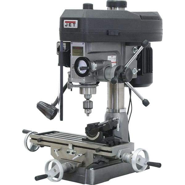 Jet - 1 Phase, 15-7/8" Swing, Step Pulley Mill Drill Combination - 9-1/2" Table Length x 32-1/4" Table Width, 14" Longitudinal Travel, 6" Cross Travel, 12 Spindle Speeds, 2 hp, 115/230 Volts - Exact Industrial Supply