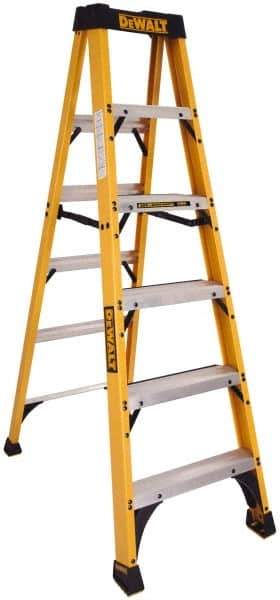 DeWALT - 5 Steps, 6' High, Type IA Rating, Fiberglass Step Ladder - 300 Lb Capacity, 22-9/16" Base Width - Exact Industrial Supply