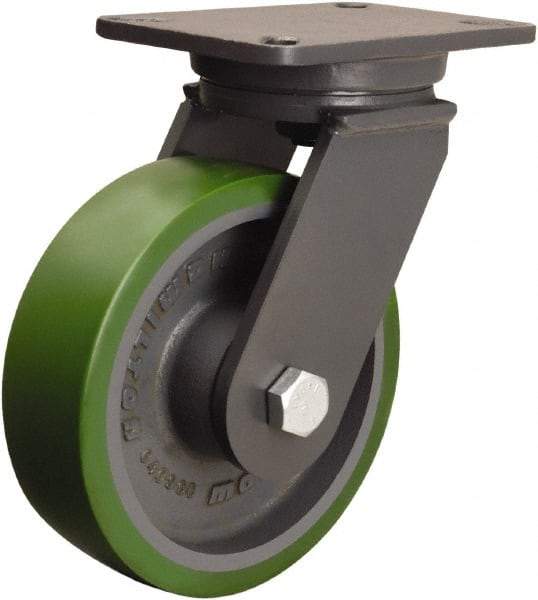 Hamilton - 8" Diam x 2-1/2" Wide x 10-1/2" OAH Top Plate Mount Swivel Caster - Polyurethane Mold onto Cast Iron Center, 2,000 Lb Capacity, Tapered Roller Bearing, 5-1/4 x 7-1/4" Plate - Exact Industrial Supply