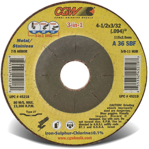 6″ × 3/32 (.094)" × 7/8″ - A36S - Cut /Grind Combo Type 27 Depressed Center Wheel 3 in 1 Cut-Grind-Finish