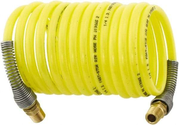 Parker - 3/16" ID, 1/4 Thread, 50' Long, Yellow Nylon Coiled & Self Storing Hose - 225 Max psi, Male Rigid x Male Swivel - Exact Industrial Supply