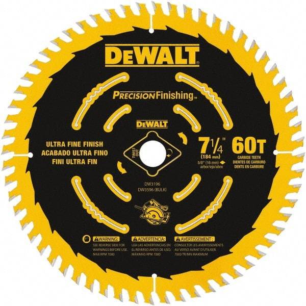 DeWALT - 7-1/4" Diam, 5/8" Arbor Hole Diam, 60 Tooth Wet & Dry Cut Saw Blade - Carbide-Tipped, Diamond Arbor - Exact Industrial Supply