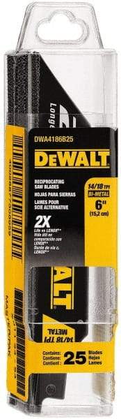 DeWALT - 6" Long x 1" Thick, Bi-Metal Reciprocating Saw Blade - Straight Profile, 14 to 18 TPI, Toothed Edge - Exact Industrial Supply