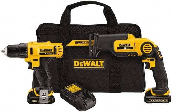 DeWALT - 12 Volt Cordless Tool Combination Kit - Includes 3/8" Drill/Driver & Pivot Reciprocating Saw, Lithium-Ion Battery Included - Exact Industrial Supply