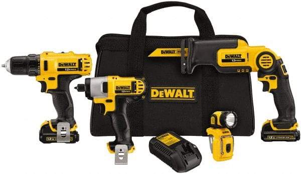 DeWALT - 12 Volt Cordless Tool Combination Kit - Includes 3/8" Drill/Driver, 1/4" Impact Driver, Pivot Reciprocating Saw & LED Worklight, Lithium-Ion Battery Included - Exact Industrial Supply