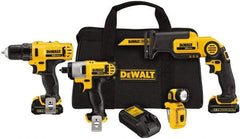 DeWALT - 12 Volt Cordless Tool Combination Kit - Includes 3/8" Drill/Driver, 1/4" Impact Driver, Pivot Reciprocating Saw & LED Worklight, Lithium-Ion Battery Included - Exact Industrial Supply