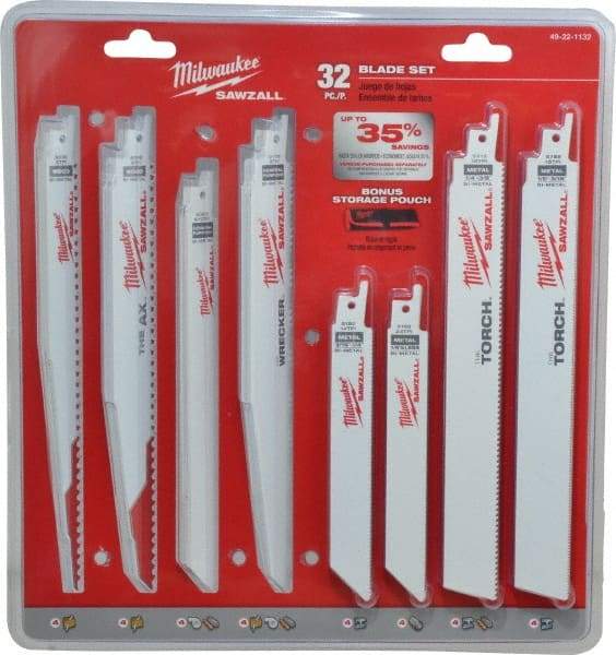Milwaukee Tool - 32 Piece, 6" to 9" Long x 0.04" to 0.05" Thick, Bi-Metal Reciprocating Saw Blade Set - Straight Profile, 5-8 to 24 Teeth per Inch, Toothed Edge - Exact Industrial Supply
