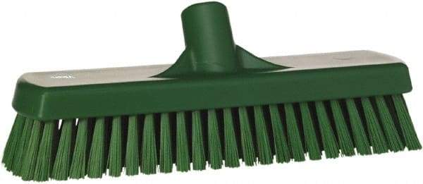 Vikan - 1.7" Bristle Length, Polyester Scrub Brush - 11-1/4" Long x 3" Wide Head, 12" OAL, European Threaded Handle, Green, Polypropylene Block - Exact Industrial Supply