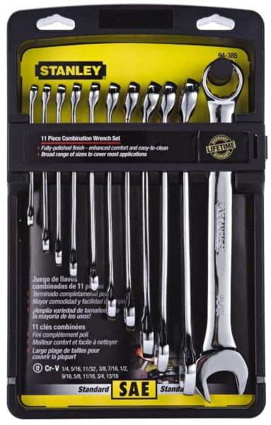 Stanley - 11 Piece, 1/4" to 13/16", 12 Point Combination Wrench Set - Inch Measurement Standard, Full Polish Finish, Comes in Plastic Case - Exact Industrial Supply