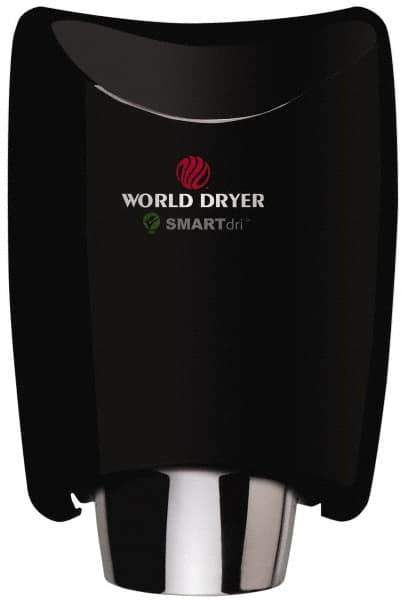 World Dryer - 1250 Watt Black Finish Electric Hand Dryer - 208/230 Volts, 1.8-5.2 Amps, 9-21/64" Wide x 12-1/2" High x 7-5/8" Deep - Exact Industrial Supply