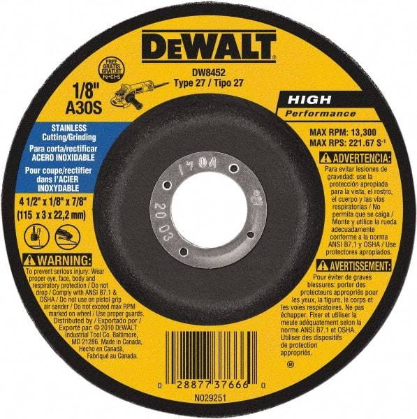 DeWALT - 30 Grit, 4-1/2" Wheel Diam, 1/8" Wheel Thickness, 7/8" Arbor Hole, Type 27 Depressed Center Wheel - Aluminum Oxide, 13,300 Max RPM, Compatible with Angle Grinder - Exact Industrial Supply