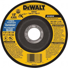 DeWALT - 30 Grit, 4-1/2" Wheel Diam, 1/8" Wheel Thickness, 7/8" Arbor Hole, Type 27 Depressed Center Wheel - Aluminum Oxide, 13,300 Max RPM, Compatible with Angle Grinder - Exact Industrial Supply