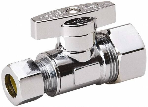 Value Collection - Compression 5/8 Inlet, 125 Max psi, Chrome Finish, Brass Water Supply Stop Valve - 3/8 Compression Outlet, Straight, Chrome Handle, For Use with Any Water Supply Shut Off Application - Exact Industrial Supply