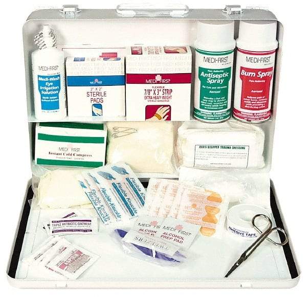 Medique - 98 Piece, 20 Person, Multipurpose/Auto/Travel First Aid Kit - 14" Wide x 3" Deep x 9-1/2" High, Metal Case - Exact Industrial Supply