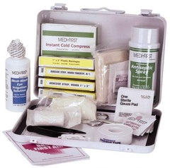 Medique - 24 Piece, 10 Person, Multipurpose/Auto/Travel First Aid Kit - 9-1/2" Wide x 2-3/4" Deep x 6-3/4" High, Metal Case - Exact Industrial Supply