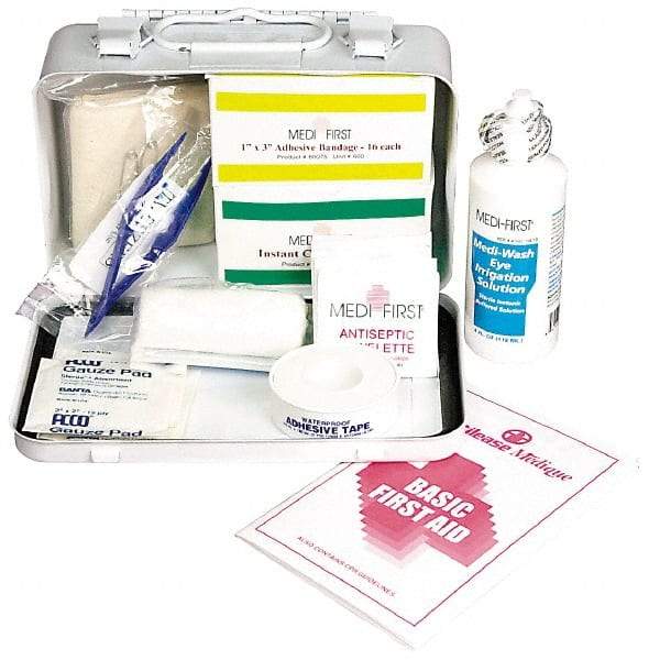 Medique - 52 Piece, 5 Person, Multipurpose/Auto/Travel First Aid Kit - 7-3/4" Wide x 2-3/4" Deep x 4-3/4" High, Metal Case - Exact Industrial Supply