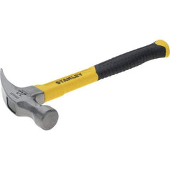 Stanley - 20 oz Head, Curved Claw Hammer - 12.83" OAL, Steel Head, 1.18" Face Diam, Smooth Face, Fiberglass Handle with Grip - Exact Industrial Supply