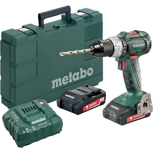 Metabo - 18 Volt 1/16 to 1/2" Keyless Chuck Cordless Hammer Drill - 31950 BPM, 600 to 2,100 RPM, Reversible, Pistol Grip Handle - Exact Industrial Supply