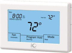 iO HVAC Controls - 41 to 122°F, Heat Pump (3 Heat, 2 Cool), Multi-Stage (2 Heat, 2 Cool), Digital Touchscreen Programmable Thermostat - 24 Volts, 1-1/4" Inside Depth x 3-3/4" Inside Height x 5-3/4" Inside Width, 2 Screw Mount, SPDT Switch - Exact Industrial Supply